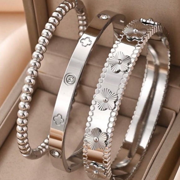 Jewelry - Elegant Stainless Steel Silver-Tone Floral & Beaded Bracelet Set